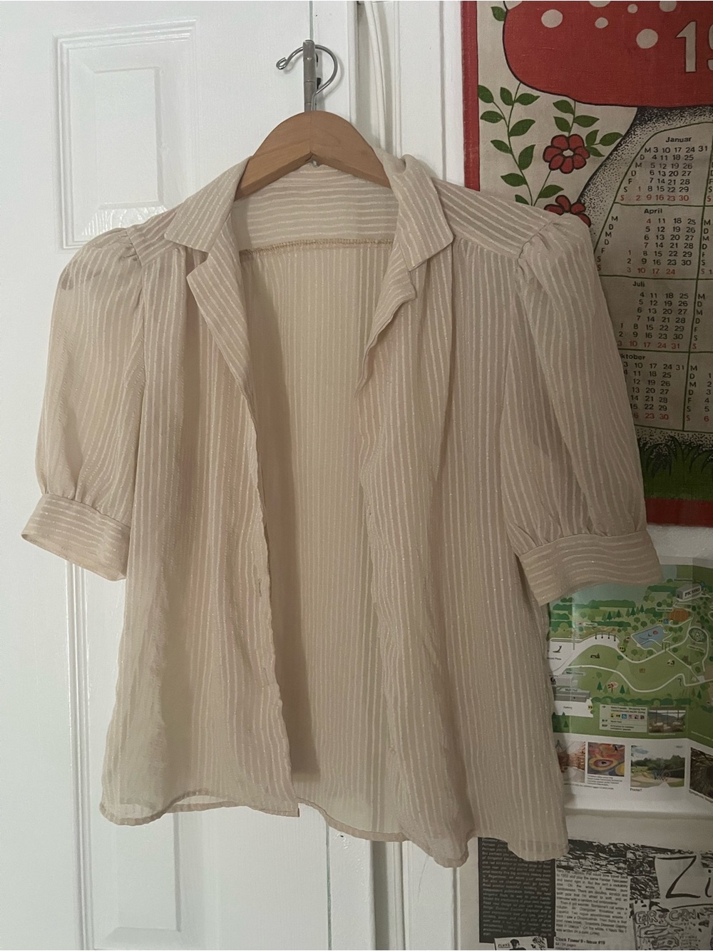 Cream Sheer Striped Puff Sleeve Blouse